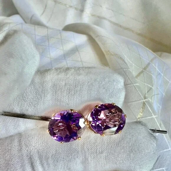 14K Yellow Gold Purple Amethyst Earrings, February Birthstone Earrings